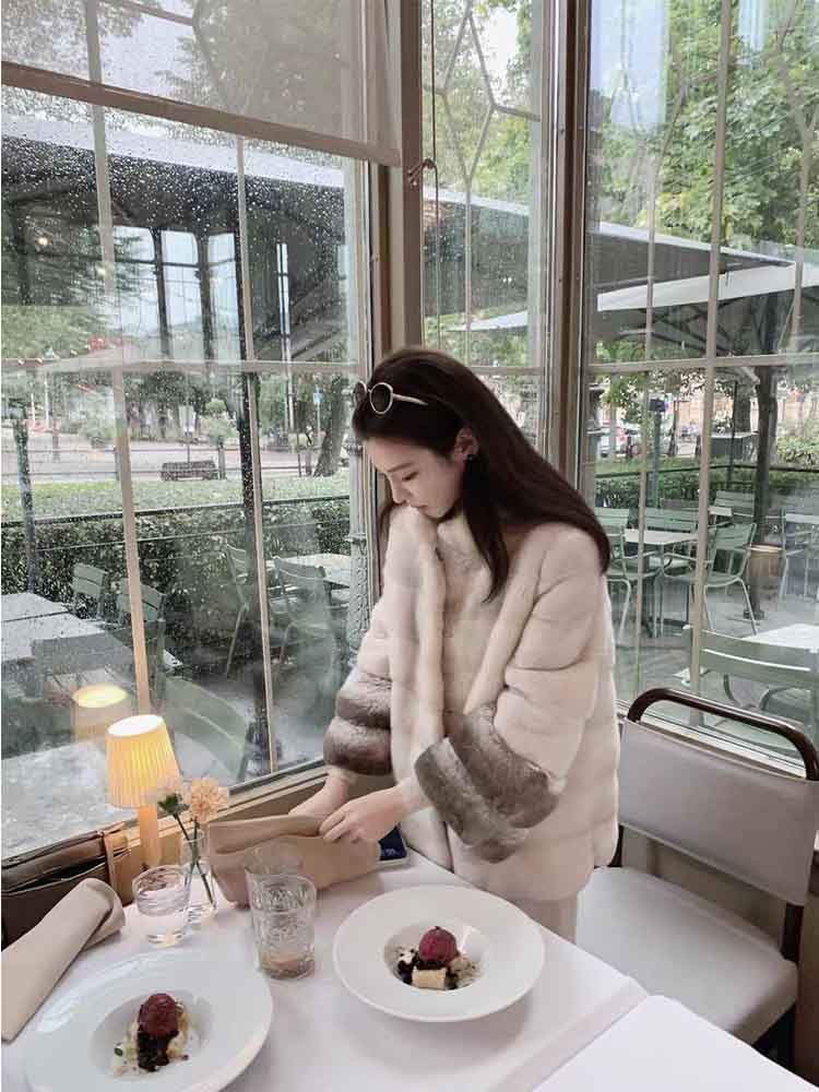 极简奢华稀有色横排立领中长款水貂皮草外套·淡紫色