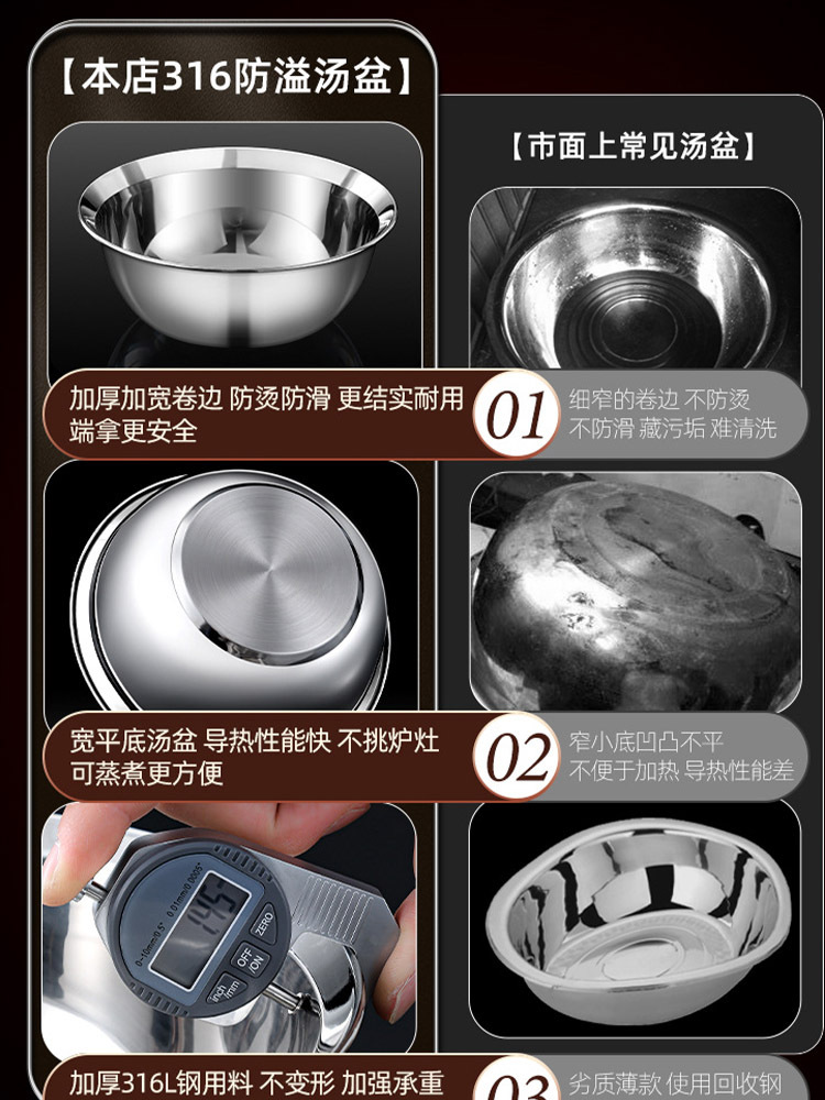 真316L不锈钢加厚宽边设计家用菜盆汤盆2600ml