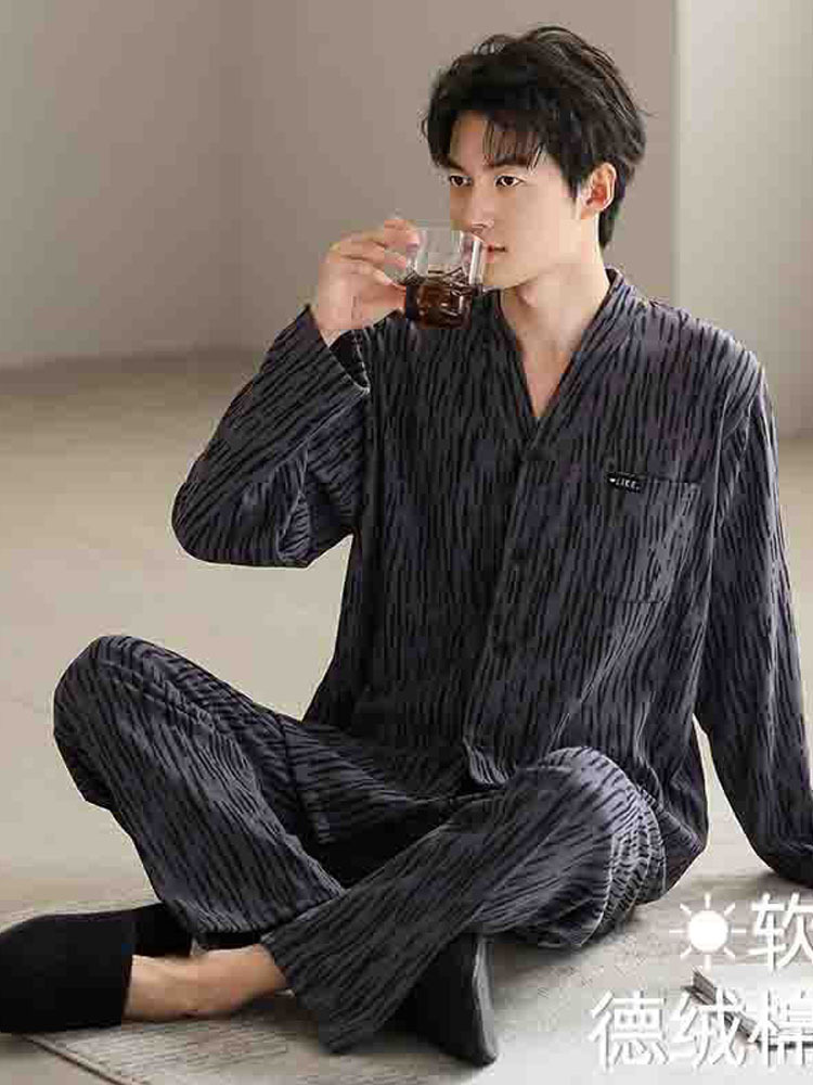 雀说 男士睡衣秋冬季德绒保暖V领开衫长袖家居服·FDQ-47506-DR男