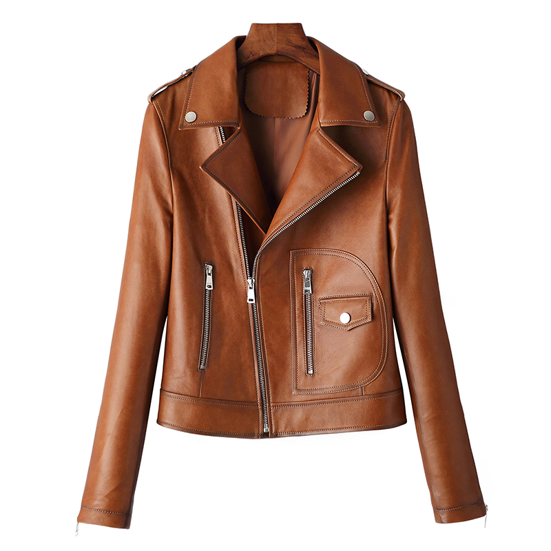 安柘娜皮衣女外套短款修身高腰绵羊皮机车小皮夹克翻领k09010复古黄