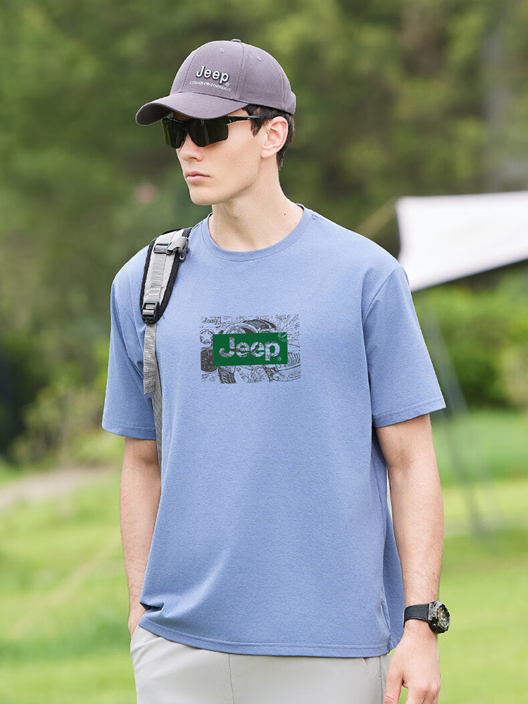 Jeep（吉普）新品凉爽男装短袖t恤弹力半袖宽松圆领P85DMKTU70·浅蓝色