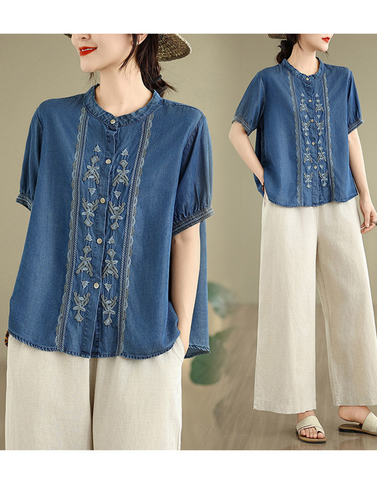 天丝棉刺绣文艺复古大码显瘦气质短袖·图片色