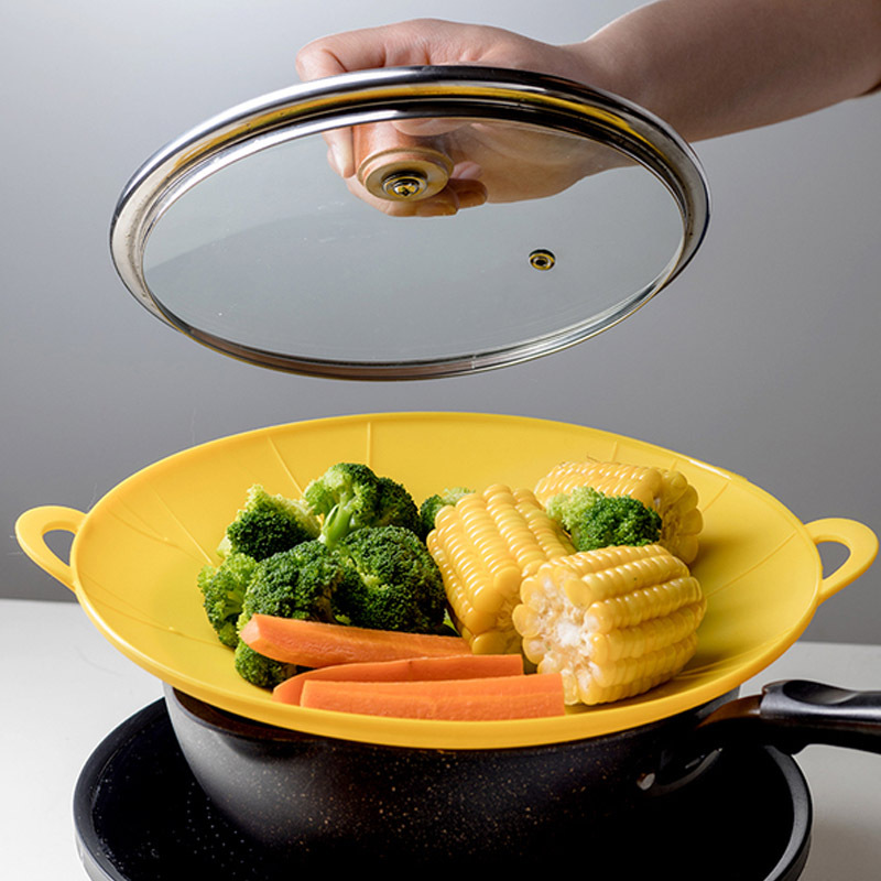 食品级硅胶防溢锅盖厨房通用14-24cm锅具 2个装（灰+黄）