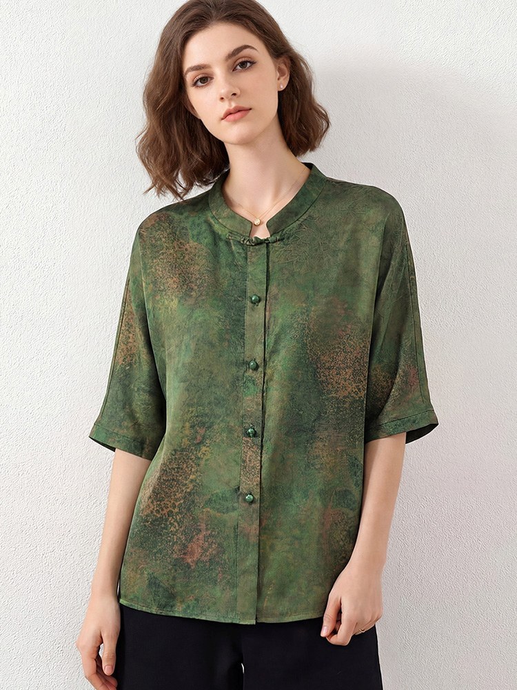 鳄鱼恤女士花萝香云纱上衣·绿色