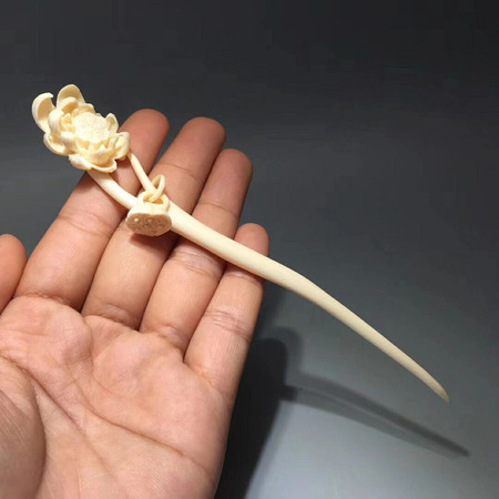 老冯记猛犸象牙精工莲花发簪优雅古国风十足上身古朴典雅大师手工精雕
