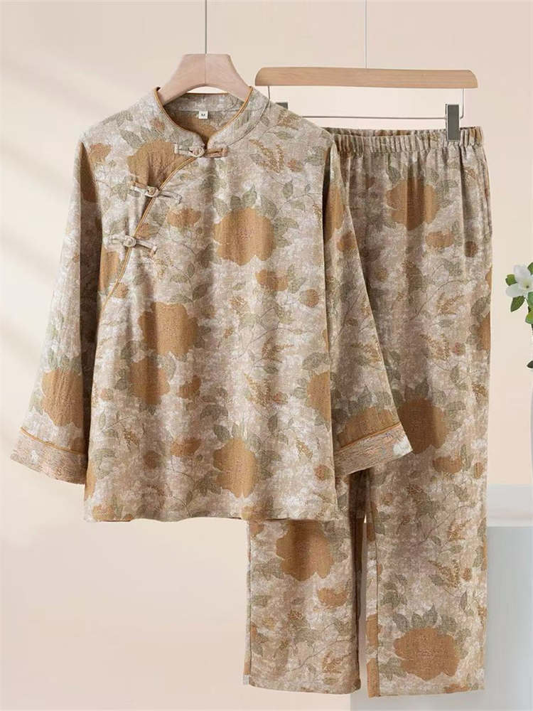 棉朵妮色织提花立领国风九分袖长裤套装女·花意驼色