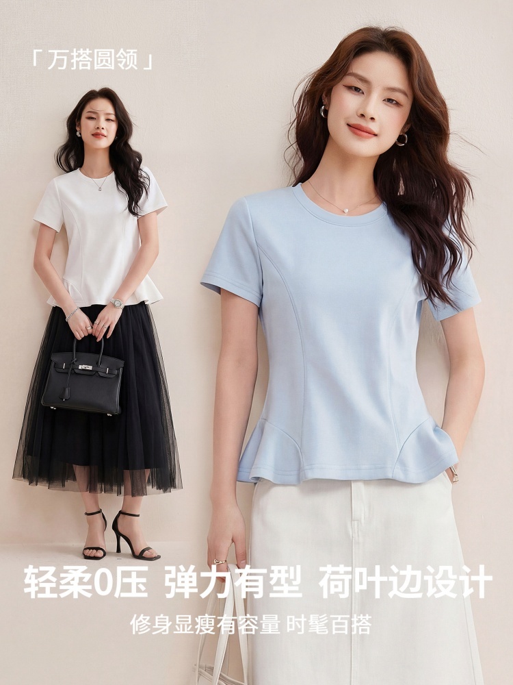 修娴拼接荷叶边下摆短袖T恤W61·天蓝