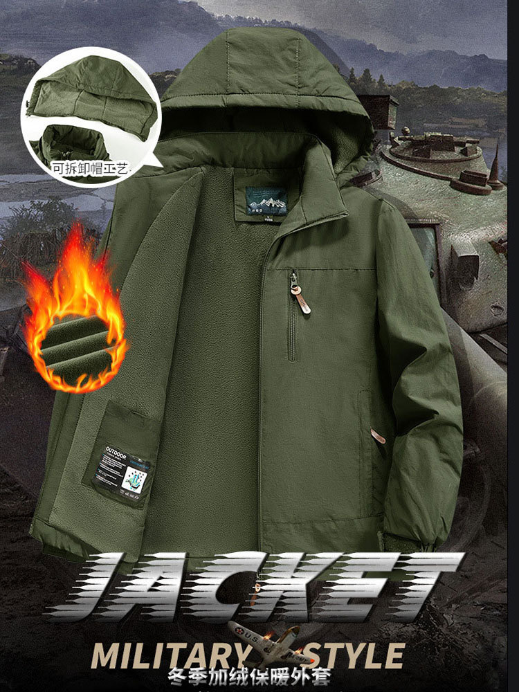 新款加绒加厚可拆卸连帽高密防风防水休闲男士外套·深蓝色