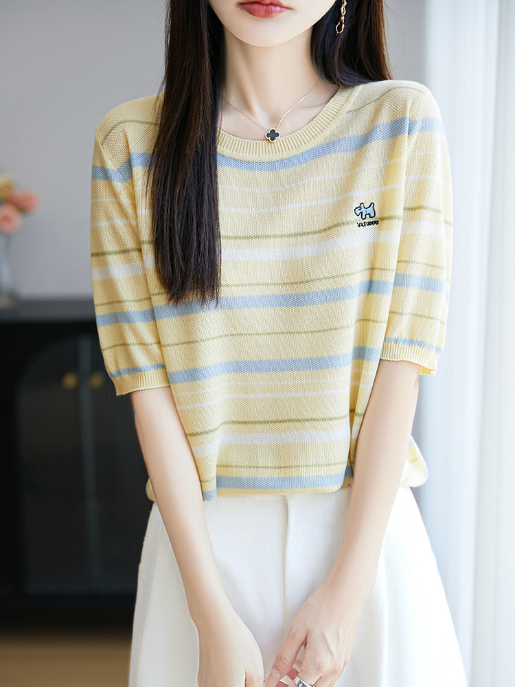 【100莱赛尔天丝】时尚条纹刺绣减龄显瘦百搭五分袖上衣·绿色