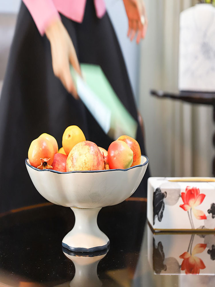 新中式禅意国风陶瓷客厅茶几高脚水果盘
