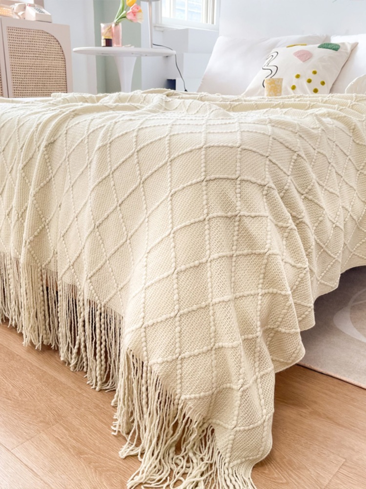多宝雅针织流苏搭毯搭巾盖毯沙发巾床尾毯·米白色