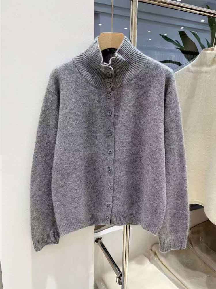 秋冬加厚款法式百搭减龄羊绒羊毛拉绒精纺细针针织开衫·灰色