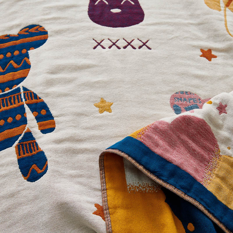 凯特之家A类母婴级多功能色织提花超柔纱布毯·富贵小熊-蓝