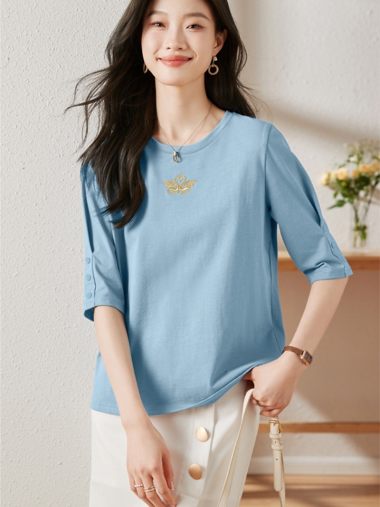 【100棉】轩凌子刺绣五分袖T恤S82420041·黑色