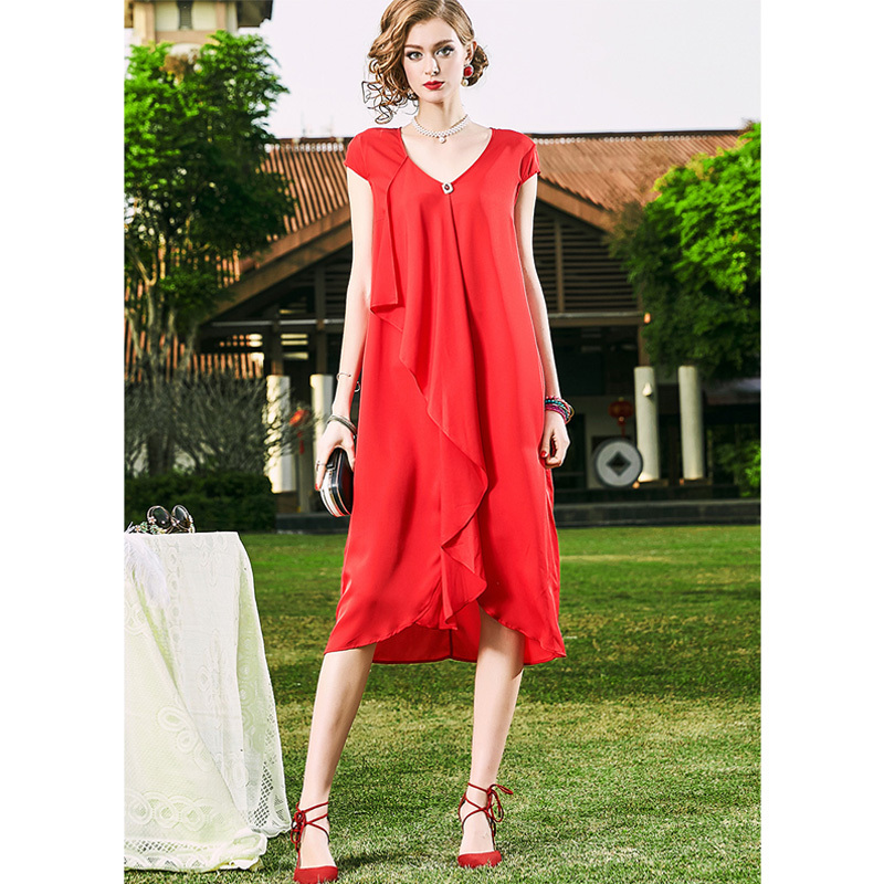 丁摩 夏季新款时尚重磅真丝连衣裙纯色高端礼服桑蚕丝连衣裙·红色