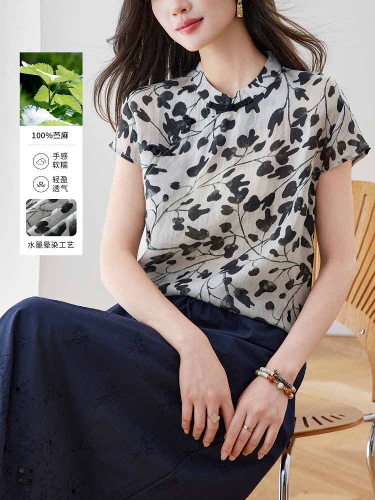 【100苎麻】可风各水墨晕染短袖衬衫63059·水墨灰