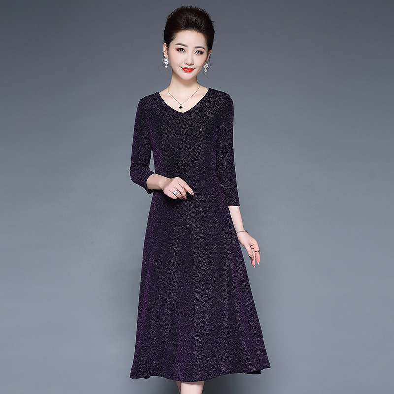 玉露浓 春装新款针织亮丝V领修身显瘦高贵优雅大摆七分袖洋气连衣裙CL8195·紫色