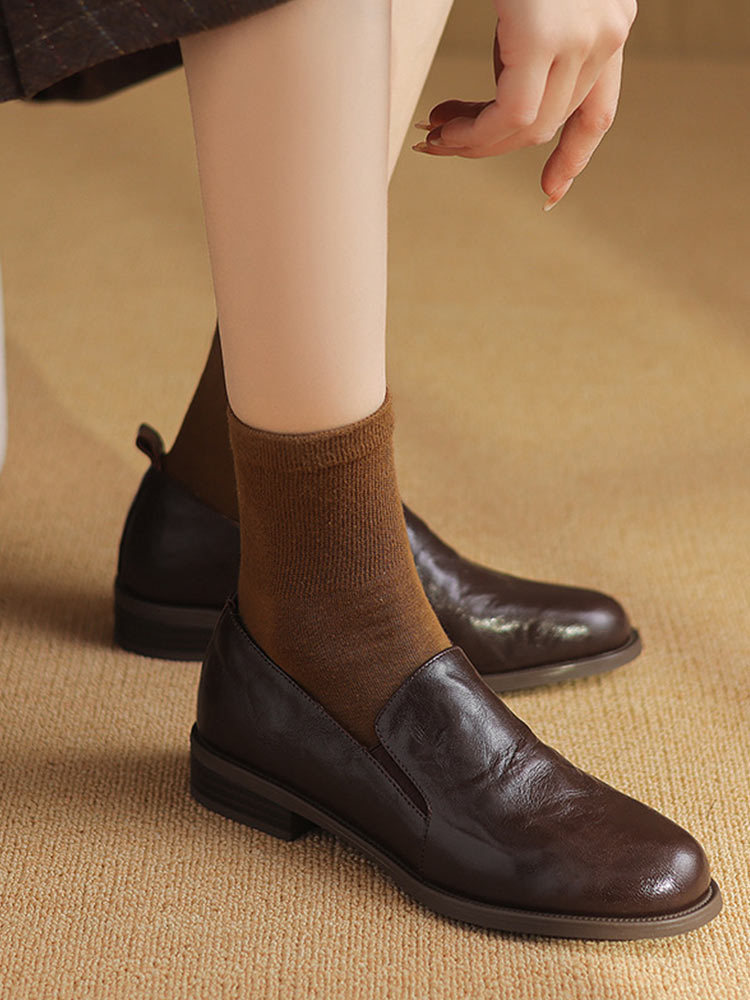 布休依-泓凯-2024年春季新款头层羊皮圆头低跟深口乐福鞋·棕色