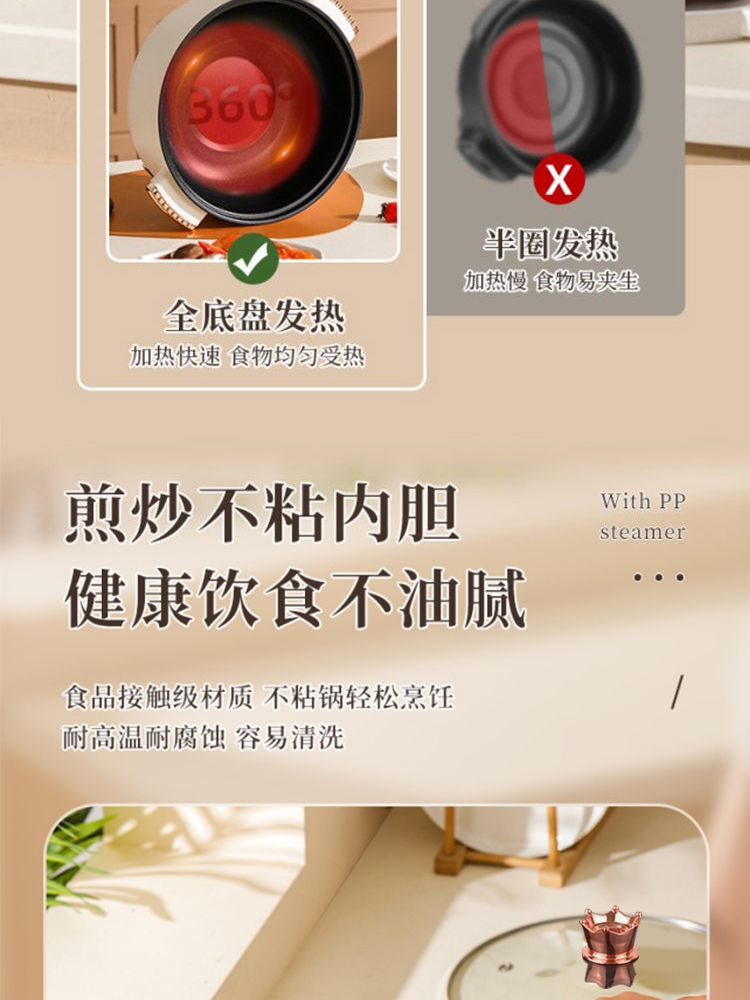 家用电火锅多功能料理电热锅24CM加厚送蒸笼