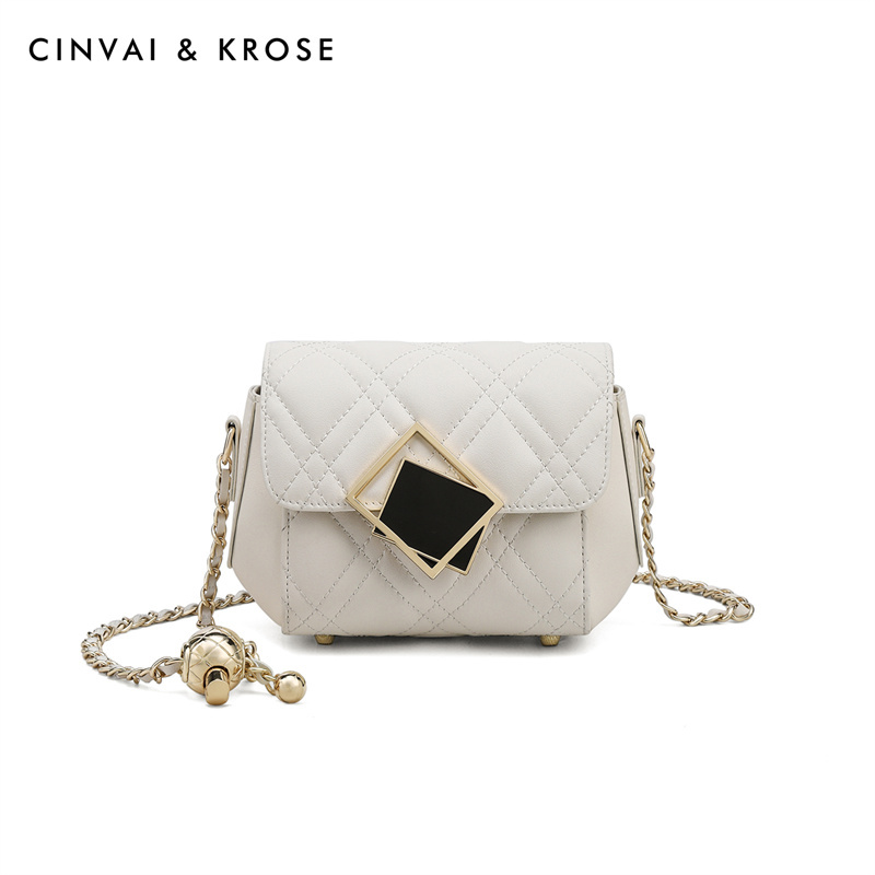 CinvaiKrose包包女女包潮牛皮链条包斜挎包时尚单肩包B6126D·米白色