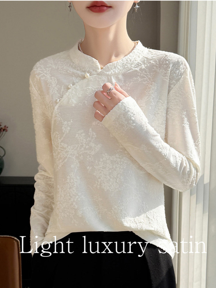 高品质精纺莱赛尔桑蚕丝国风斜扣提花长袖针织衫·安哥拉红