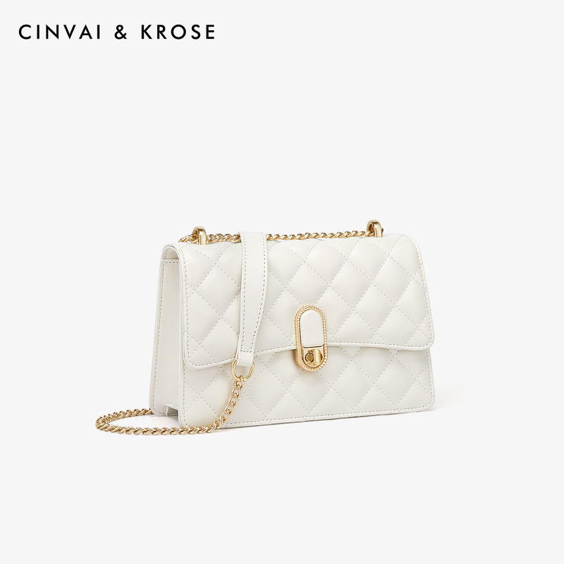 CinvaiKrose 包包女包斜挎包小众设计链条单肩包菱格包B6434·米白色