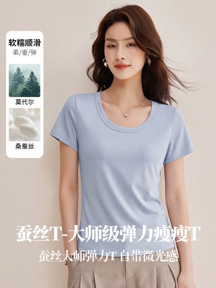 【蚕丝莫代尔】修娴轻盈细腻U领T恤W68·龙葵紫