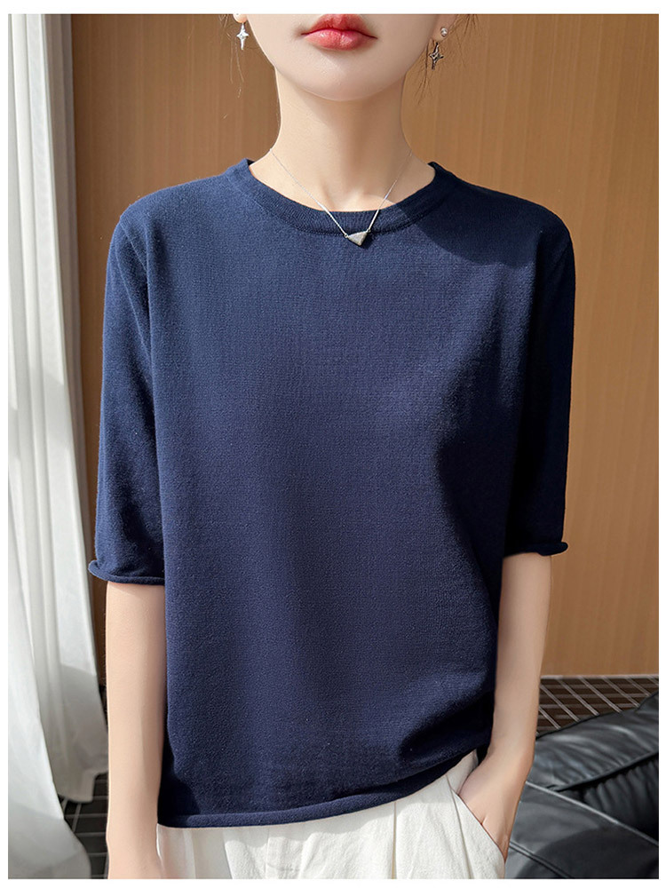 【100纯棉】新款时尚卷边宽松五分袖显瘦针织短袖·紫色