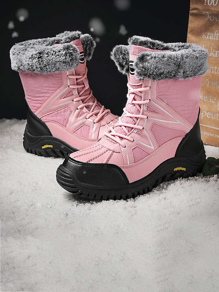 冬季大码高帮棉鞋女式舒适厚底雪地靴加绒保暖棉靴LW-5489·粉色