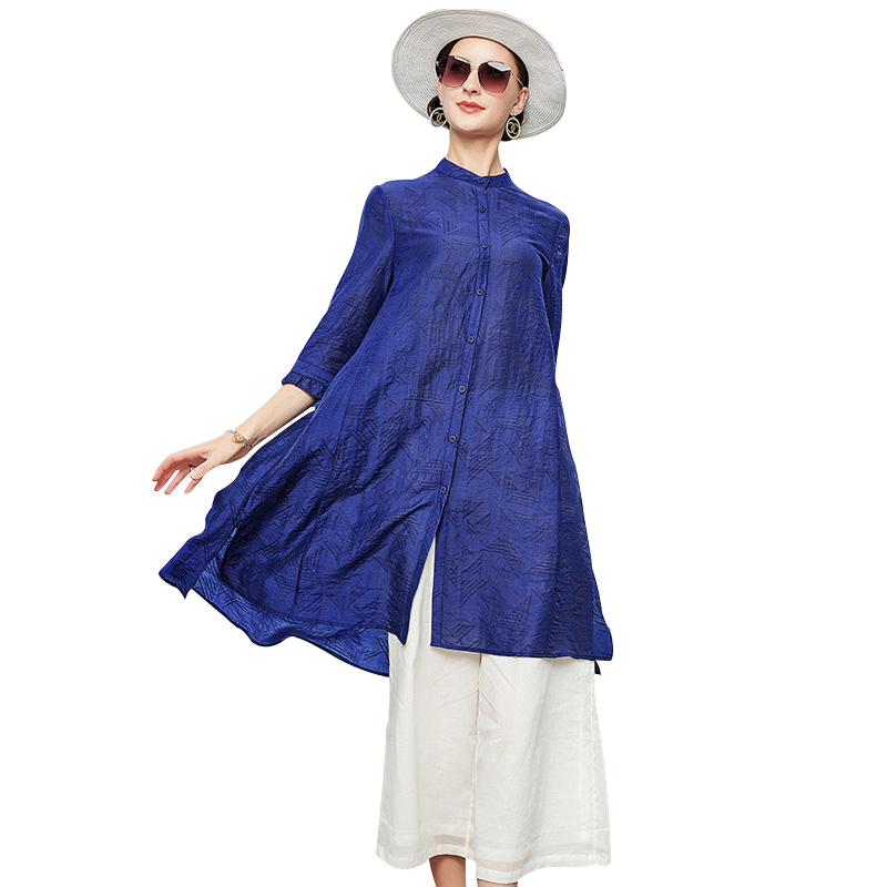 丁摩 夏季新款天丝提花时尚洋气百搭宽松衬衫防晒衣开衫薄外套20-167·蓝色