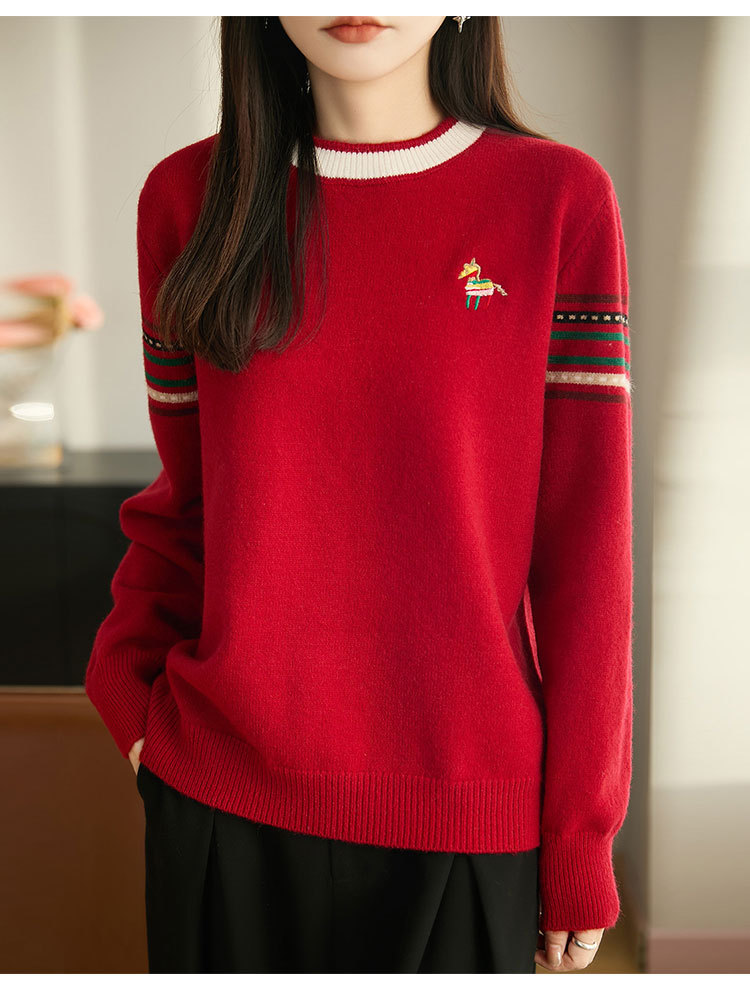 法式高端撞色小马刺绣加厚保暖减龄打底衫毛衣·红色