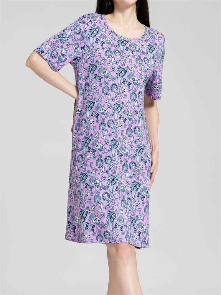 【专柜同步】纤丝鸟鸟语花香系列女士圆领半袖裙·紫色花