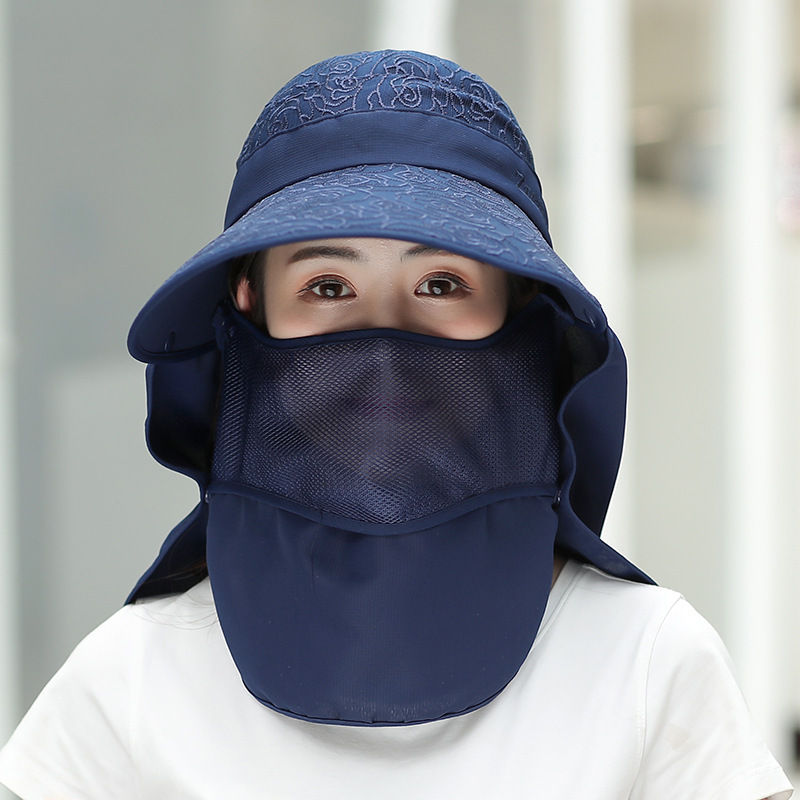 M.韩版防紫外线可拆卸大沿太阳帽·XYG-106-玫瑰花款-藏青色
