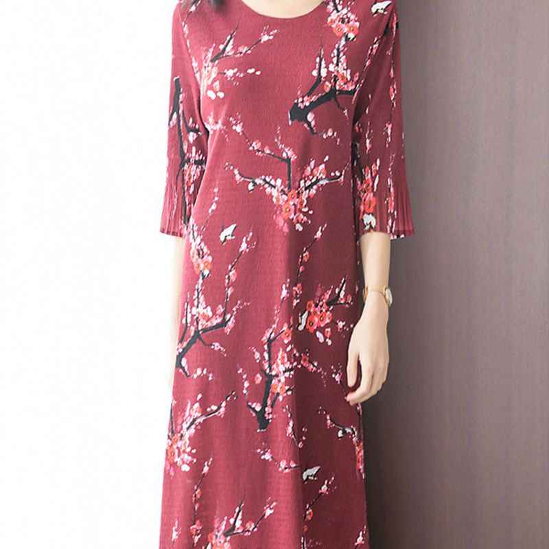 迪欧达女士新款压褶印花气质大码时尚连衣裙·红色