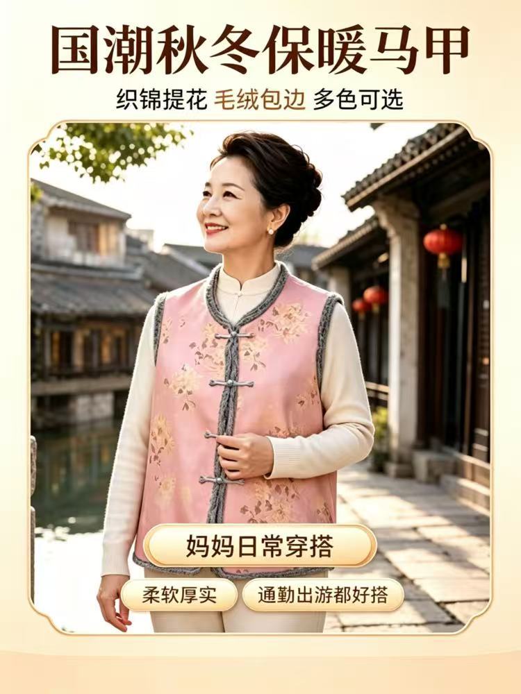 新中式国风盘扣加绒马甲·亭山蓝