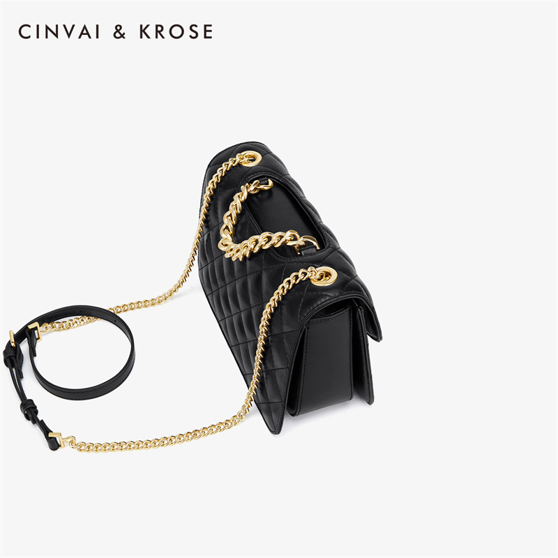 CinvaiKrose 包包潮百搭女包斜挎包ins菱格链条单肩包B6215·菱格叠黑