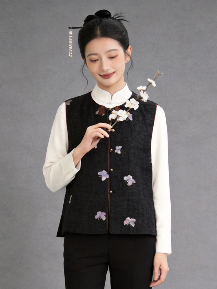 锦纯桑蚕丝香云纱马甲J20260363·蝴蝶花