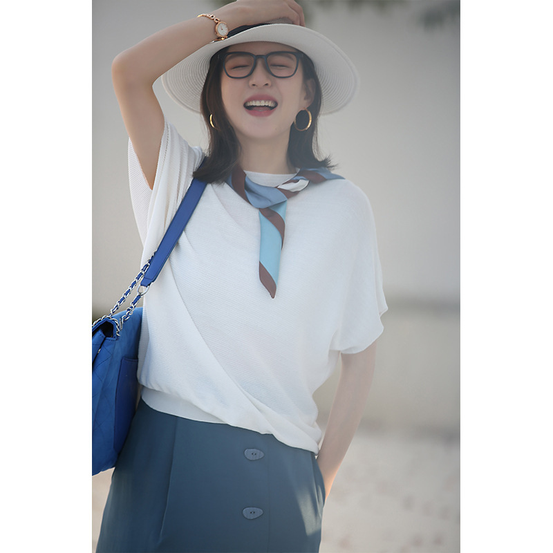 花雨冰丝针织衫女圆领短袖韩版宽松T恤上衣·藏蓝