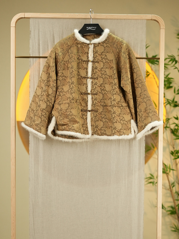 【匠心独运系列】云珊淼传统手工织锦外套（填充100柞蚕丝）2574·咖黄色