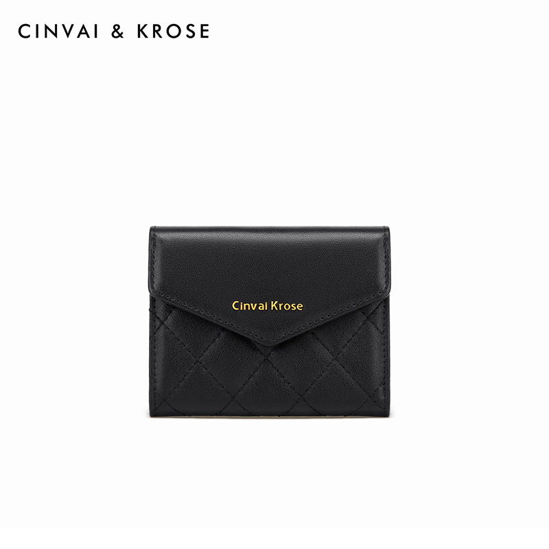 CinvaiKrose 钱包女长款牛皮零钱包女士新款手拿包钱夹子K6291·黑色-短款