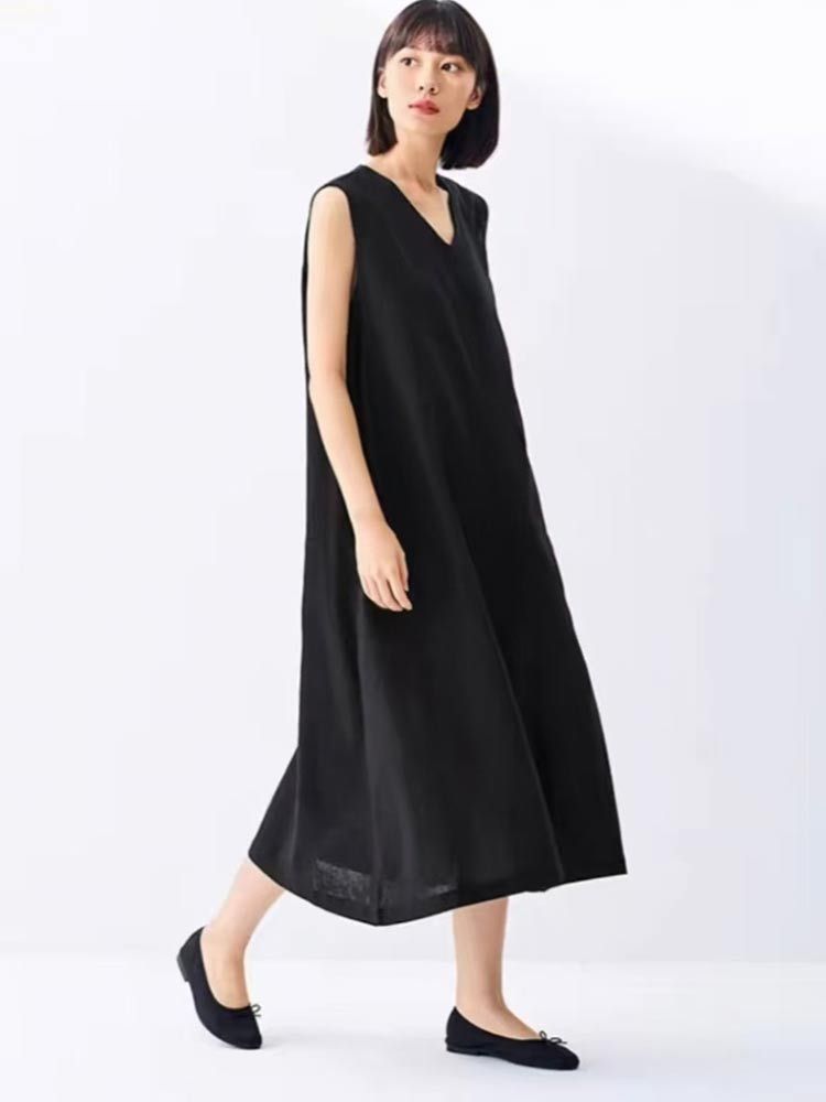 婵阅专柜高货简约文艺风宽松无袖V领纯色汉麻连衣裙·6107-黑色