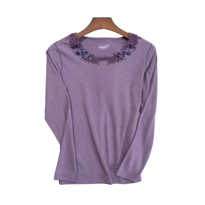 纤丝鸟暖素羊毛升级版系列女士花边领长袖衫·夜紫色