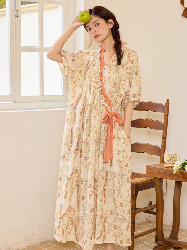 雀说 带胸垫睡裙女夏季中长款短袖云朵棉公主风家居服·Y8331