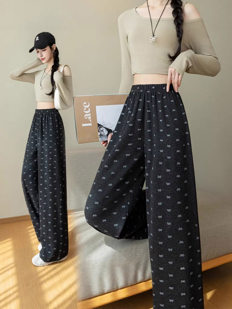 【新款特价】刺绣蝴蝶结宽松垂感百搭休闲直筒阔腿裤·灰色