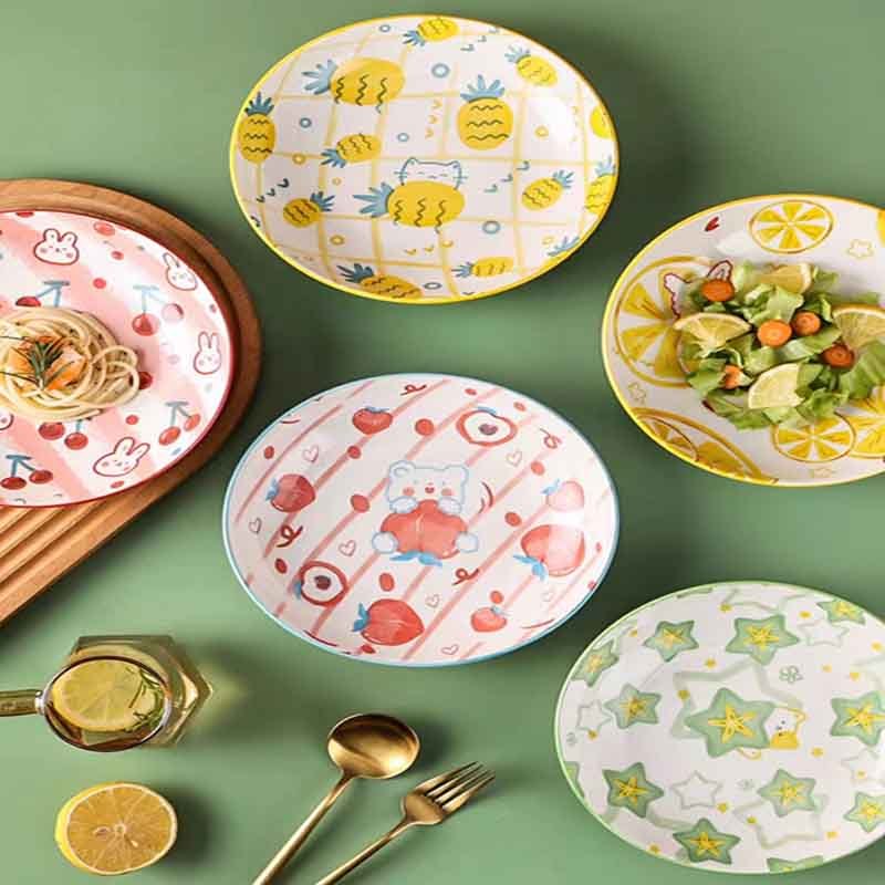 新款陶瓷餐具8英寸卡通圆菜盘（4个装 4色各1）