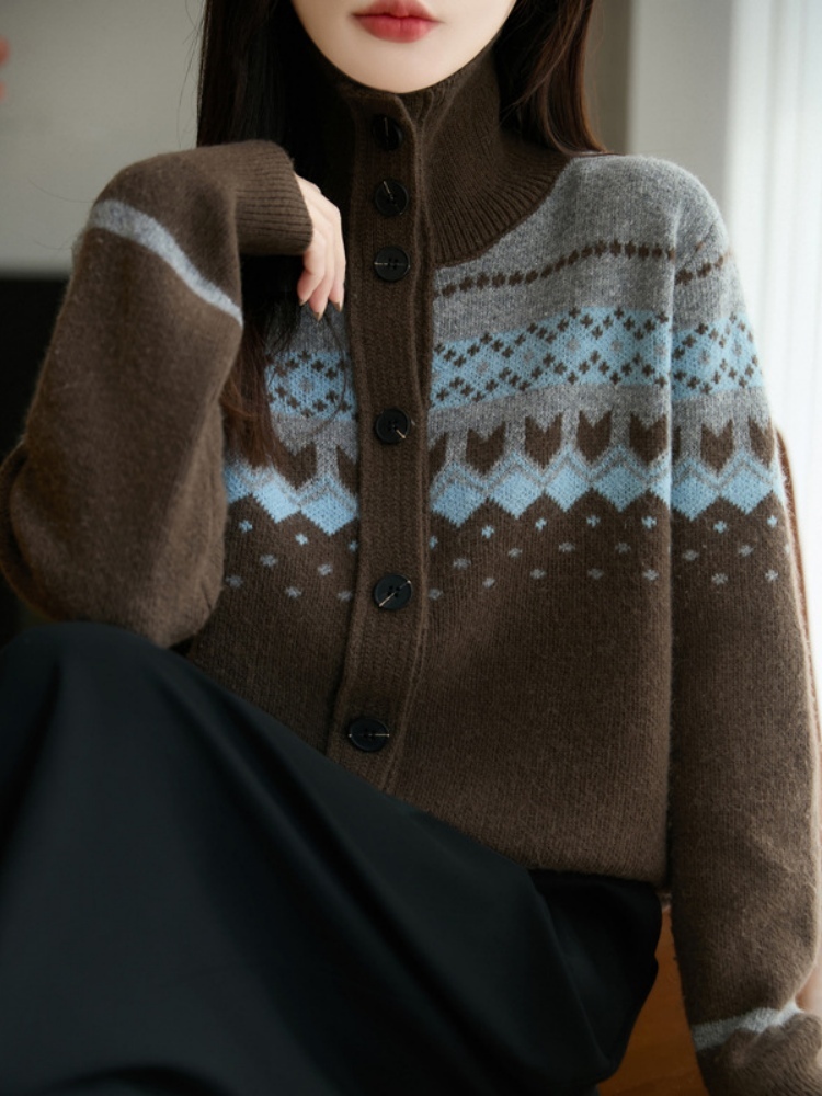 特舒超柔厚款费尔岛提花高领开衫毛衣TS-2160·灰色