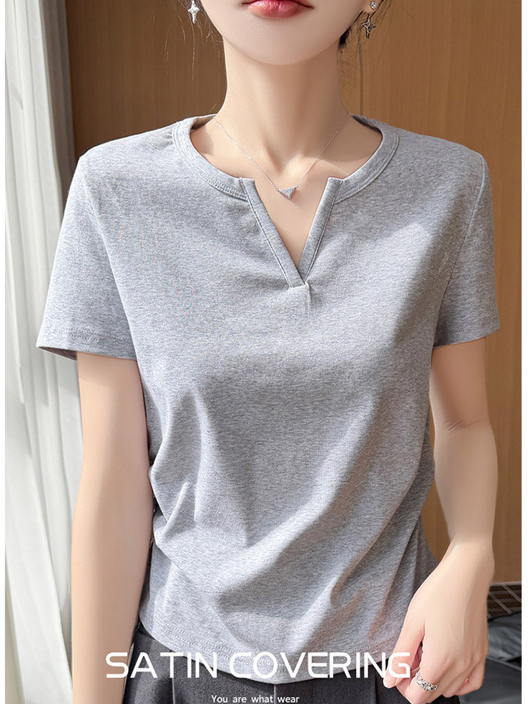 新款92纯棉质感透气设计师V领气质短袖·黄色