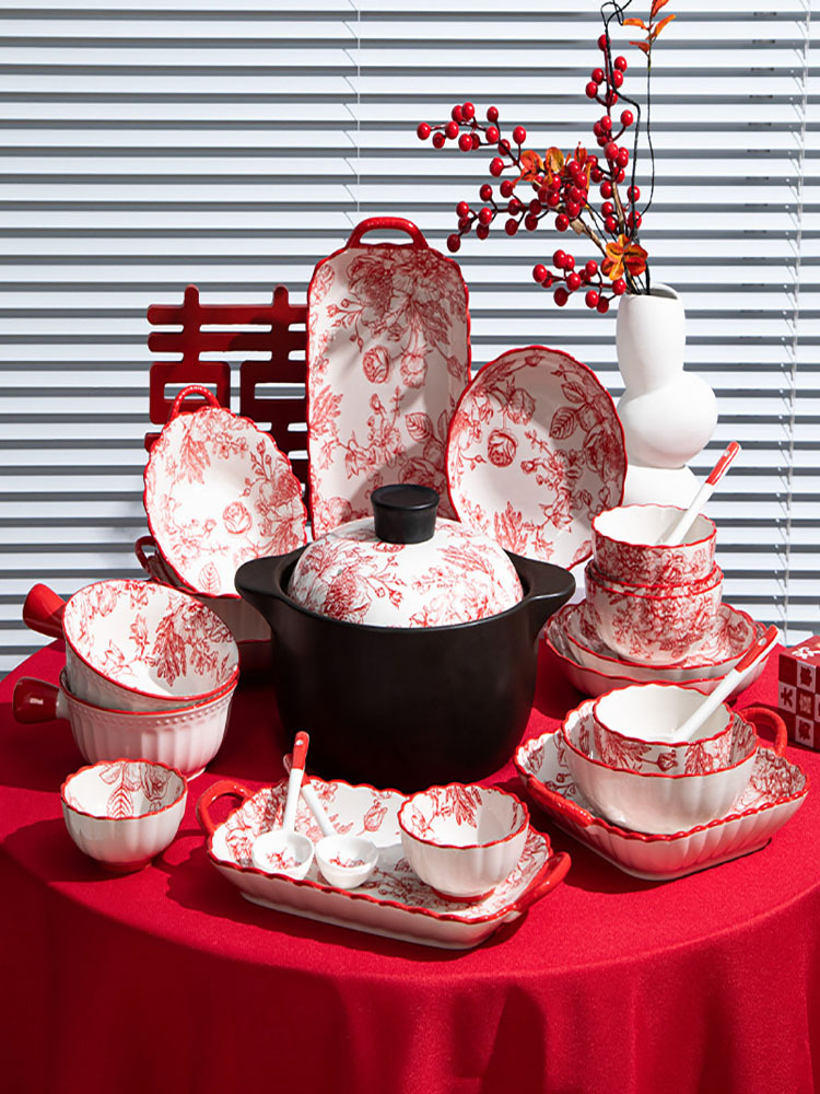 复古玫瑰皇后系列新中式陶瓷餐具9.25英寸荷意双耳盘（2只装）