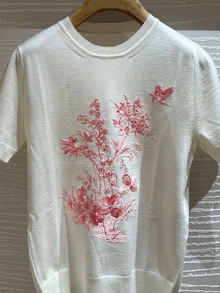 婵阅专柜高货【原单】新款蝴蝶刺绣甜美减龄百搭天丝羊毛针织T恤·51099-杏色