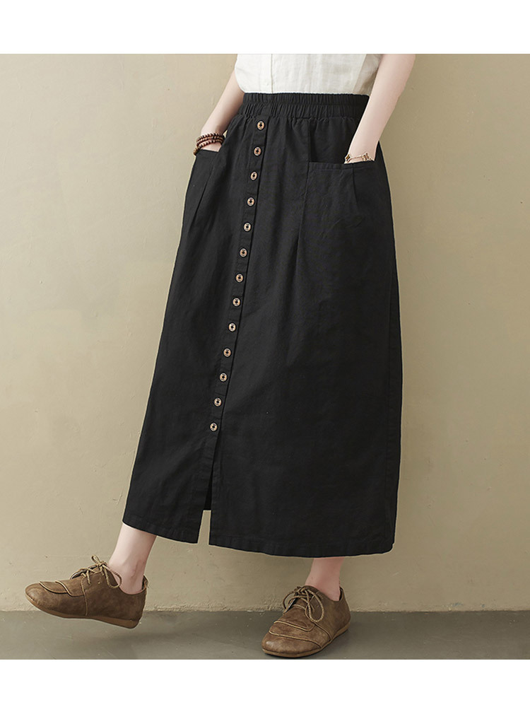 新款棉麻文艺复古松紧腰口袋显瘦百搭中长款半裙·黑色